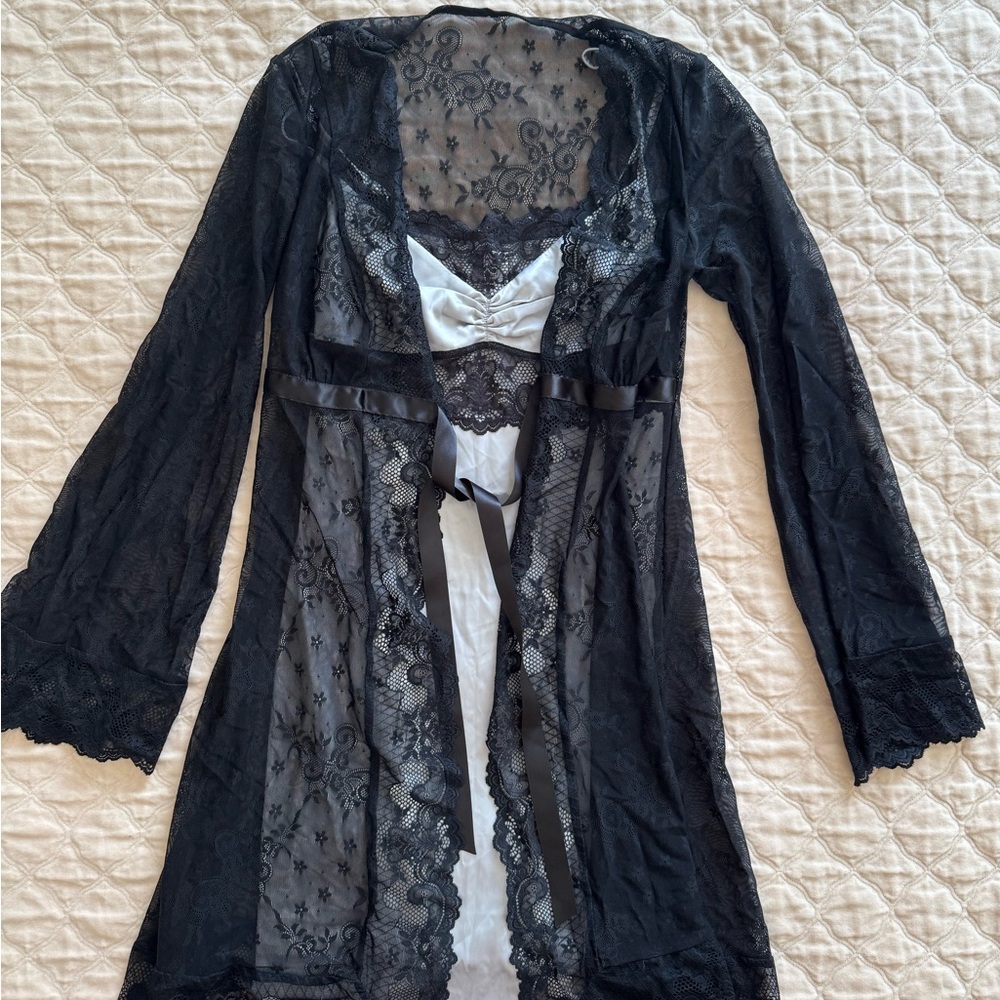 Elegant Black Lace Robe and silver slip